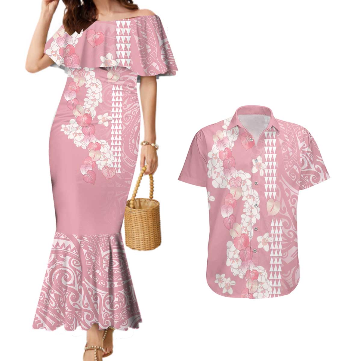 Soft Pink Hawaii Anthurium Plumeria Lei Couples Matching Mermaid Dress and Hawaiian Shirt