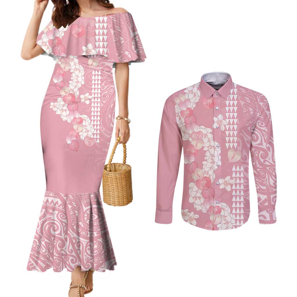 Soft Pink Hawaii Anthurium Plumeria Lei Couples Matching Mermaid Dress and Long Sleeve Button Shirt