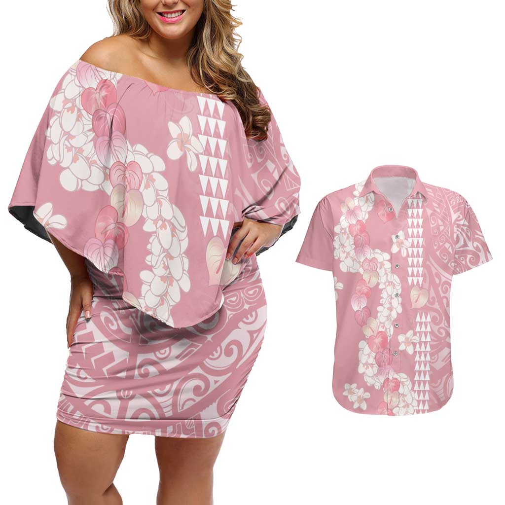 Soft Pink Hawaii Anthurium Plumeria Lei Couples Matching Off Shoulder Short Dress and Hawaiian Shirt