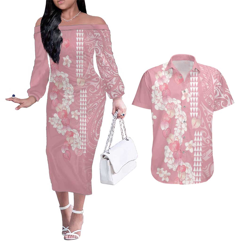 Soft Pink Hawaii Anthurium Plumeria Lei Couples Matching Off The Shoulder Long Sleeve Dress and Hawaiian Shirt LT9 Pink - Polynesian Pride