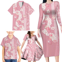 Soft Pink Hawaii Anthurium Plumeria Lei Family Matching Long Sleeve Bodycon Dress and Hawaiian Shirt