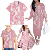 Soft Pink Hawaii Anthurium Plumeria Lei Family Matching Off The Shoulder Long Sleeve Dress and Hawaiian Shirt