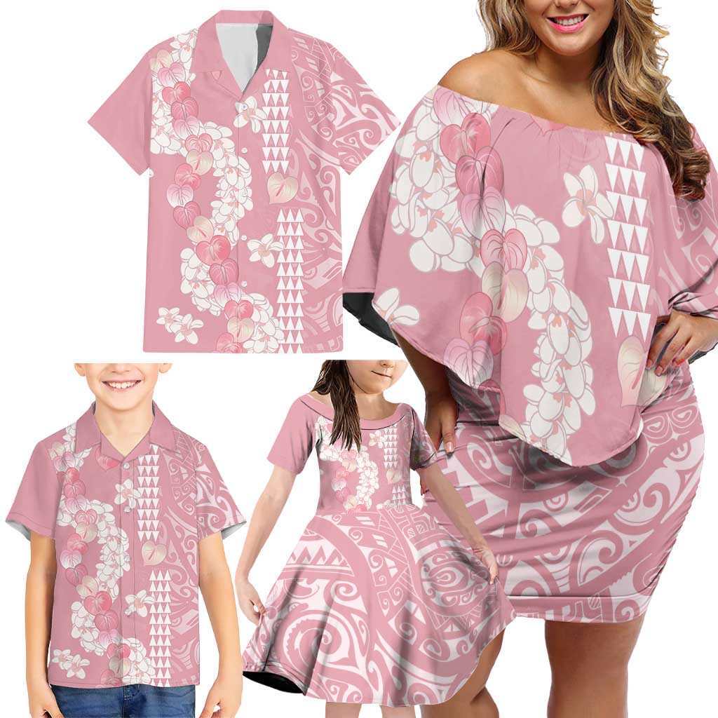 Soft Pink Hawaii Anthurium Plumeria Lei Family Matching Off Shoulder Short Dress and Hawaiian Shirt