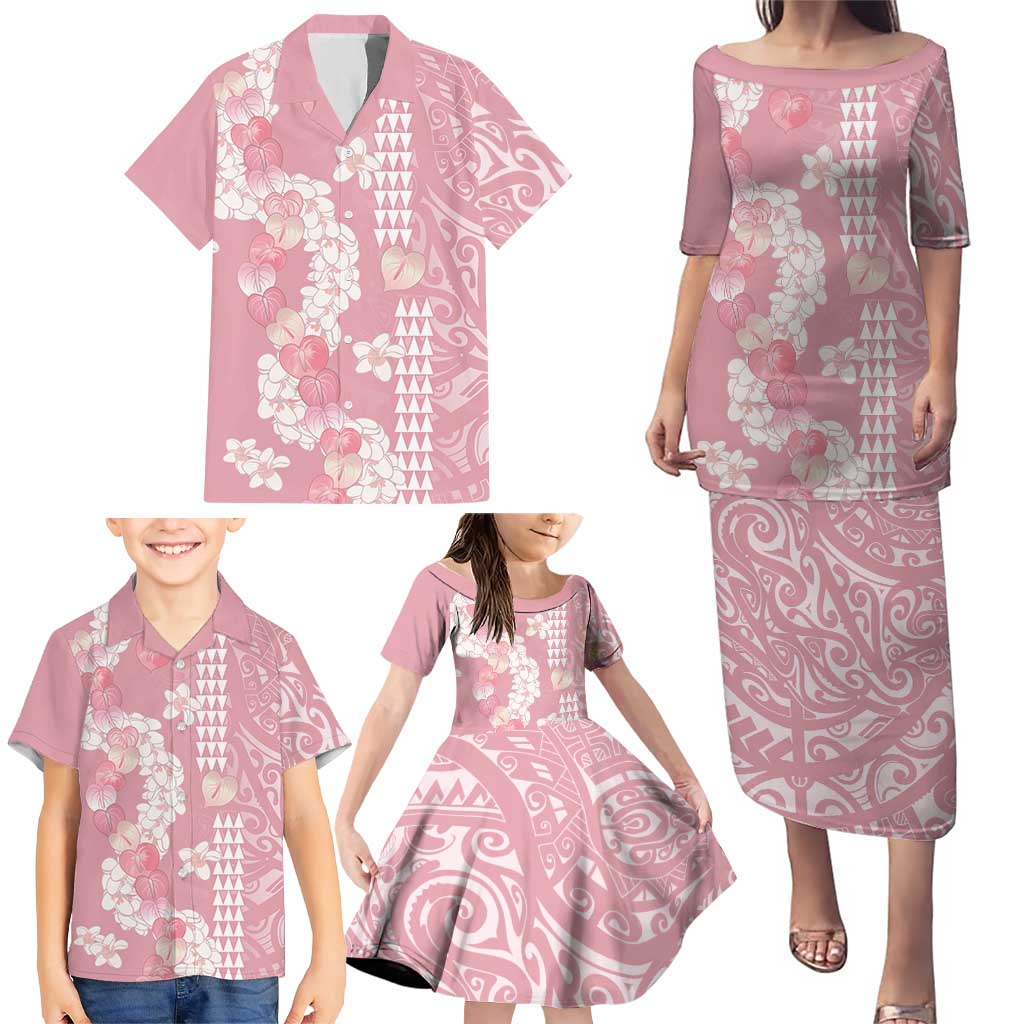 Soft Pink Hawaii Anthurium Plumeria Lei Family Matching Puletasi and Hawaiian Shirt LT9 - Polynesian Pride