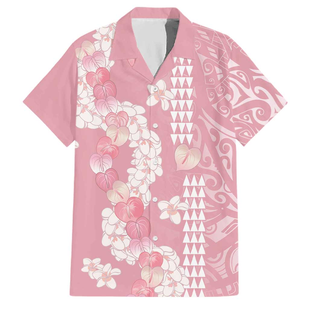 Soft Pink Hawaii Anthurium Plumeria Lei Family Matching Puletasi and Hawaiian Shirt LT9 Dad's Shirt - Short Sleeve Pink - Polynesian Pride