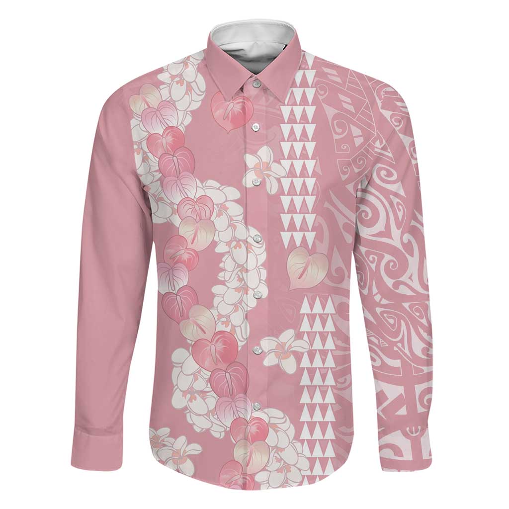 Soft Pink Hawaii Anthurium Plumeria Lei Family Matching Puletasi and Hawaiian Shirt LT9 Dad's Shirt - Long Sleeve Pink - Polynesian Pride