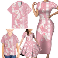 Soft Pink Hawaii Anthurium Plumeria Lei Family Matching Short Sleeve Bodycon Dress and Hawaiian Shirt