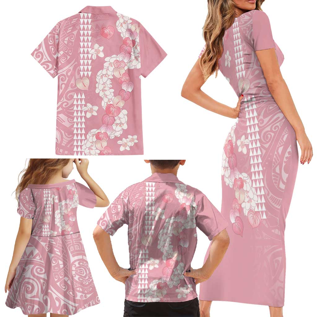 Soft Pink Hawaii Anthurium Plumeria Lei Family Matching Short Sleeve Bodycon Dress and Hawaiian Shirt