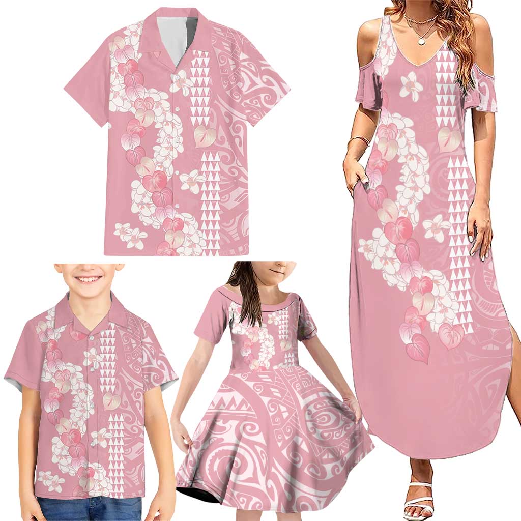 Soft Pink Hawaii Anthurium Plumeria Lei Family Matching Summer Maxi Dress and Hawaiian Shirt