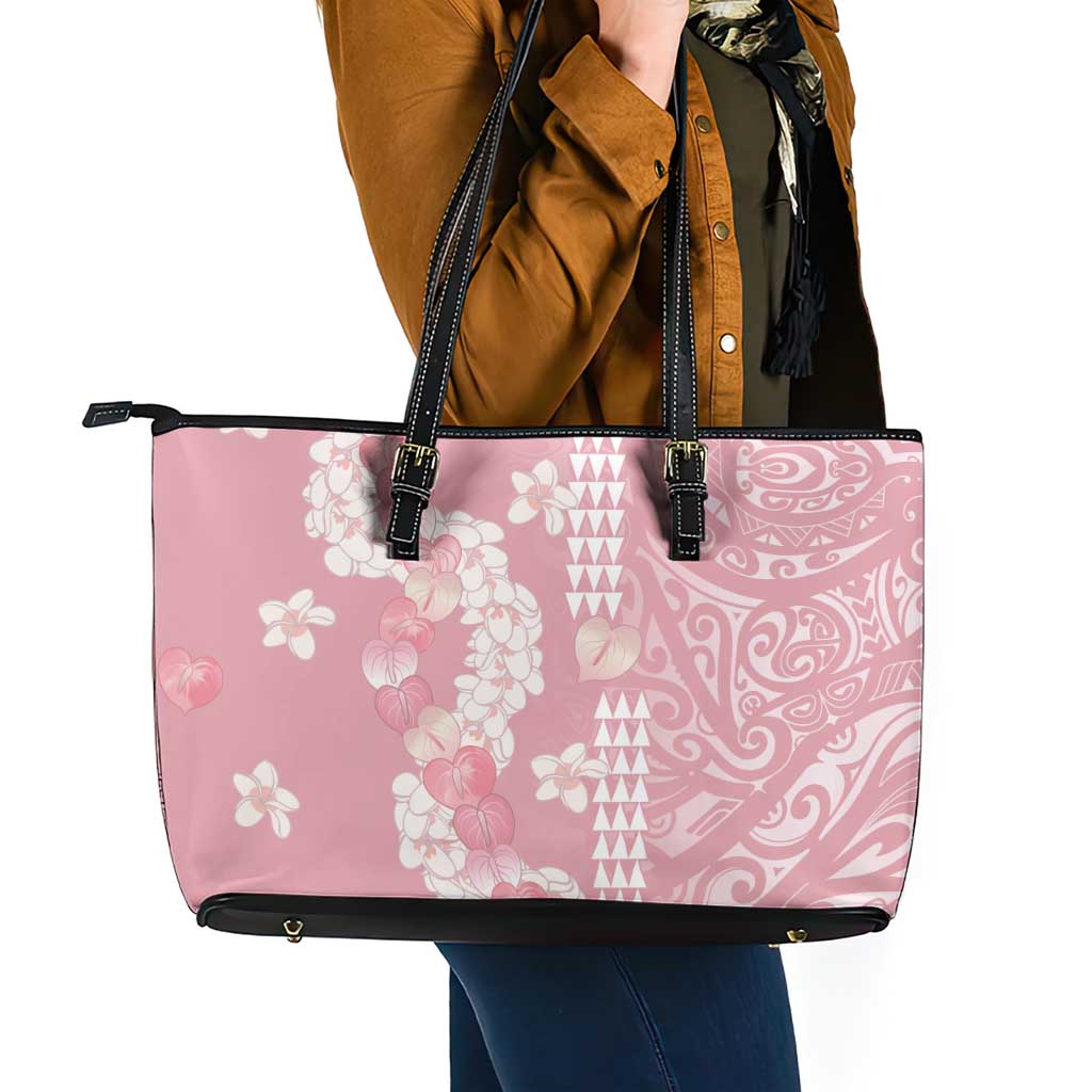 Soft Pink Hawaii Anthurium Plumeria Lei Leather Tote Bag