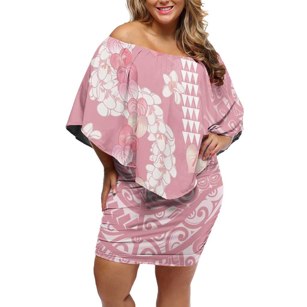 Soft Pink Hawaii Anthurium Plumeria Lei Off Shoulder Short Dress LT9 Women Pink - Polynesian Pride