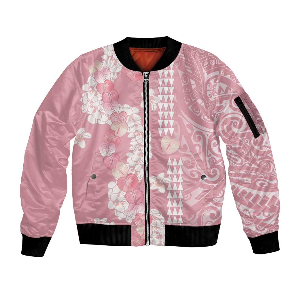 Soft Pink Hawaii Anthurium Plumeria Lei Sleeve Zip Bomber Jacket