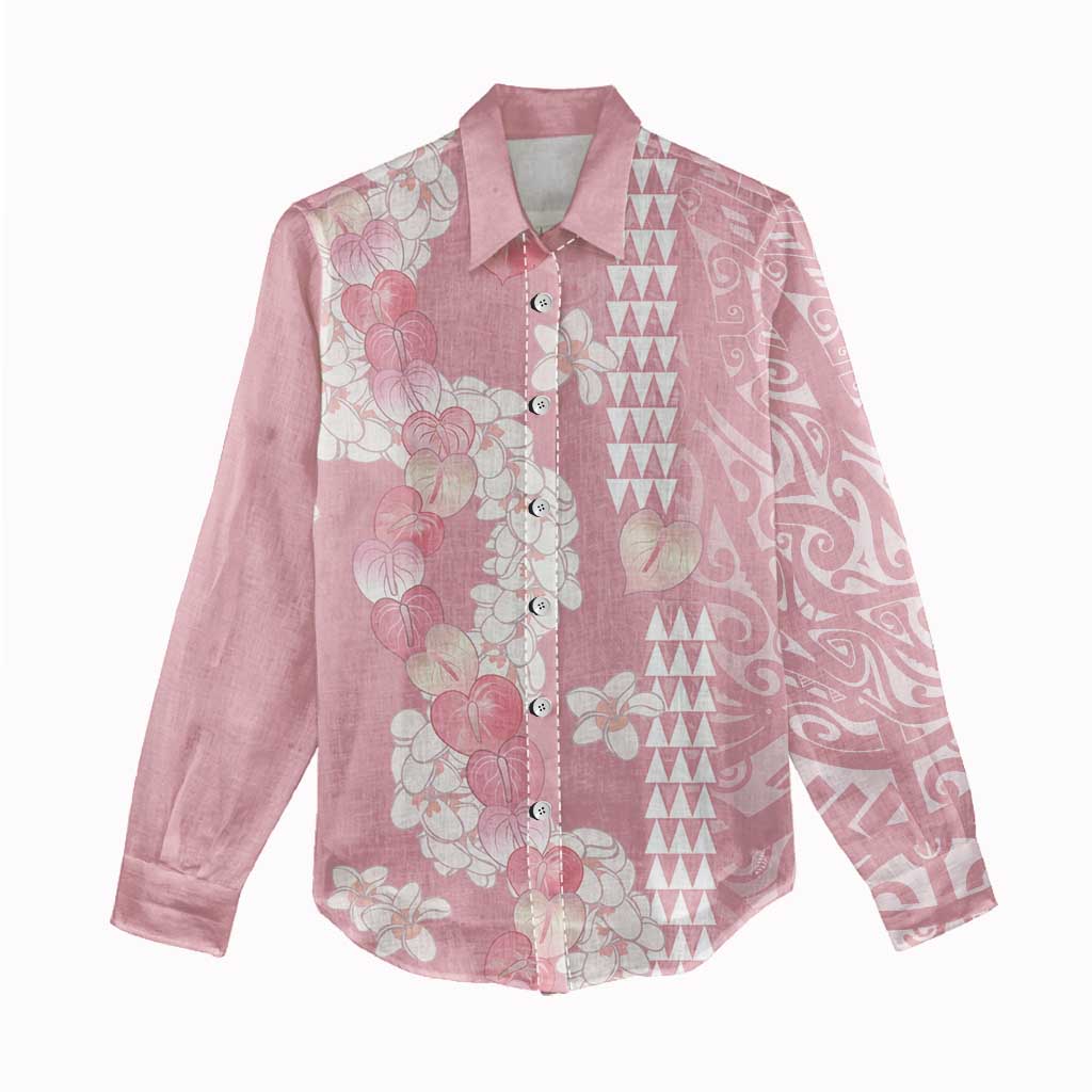 Soft Pink Hawaii Anthurium Plumeria Lei Women Casual Shirt LT9 - Polynesian Pride