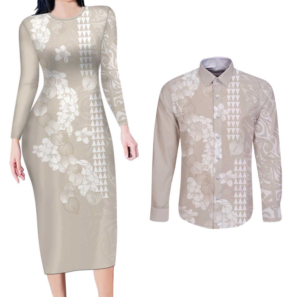 Suede Beige Hawaii Anthurium Plumeria Lei Couples Matching Long Sleeve Bodycon Dress and Long Sleeve Button Shirt LT9 Beige - Polynesian Pride