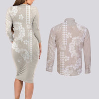 Suede Beige Hawaii Anthurium Plumeria Lei Couples Matching Long Sleeve Bodycon Dress and Long Sleeve Button Shirt LT9 - Polynesian Pride