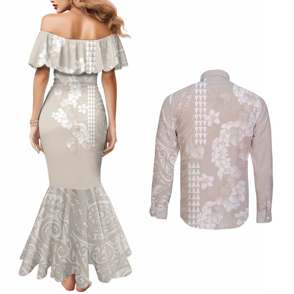 Suede Beige Hawaii Anthurium Plumeria Lei Couples Matching Mermaid Dress and Long Sleeve Button Shirt LT9 - Polynesian Pride