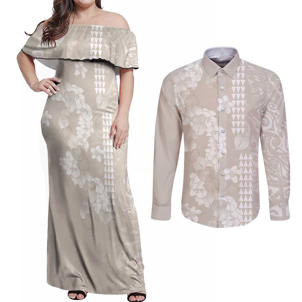 Suede Beige Hawaii Anthurium Plumeria Lei Couples Matching Off Shoulder Maxi Dress and Long Sleeve Button Shirt