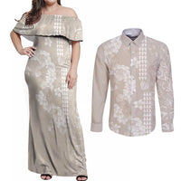 Suede Beige Hawaii Anthurium Plumeria Lei Couples Matching Off Shoulder Maxi Dress and Long Sleeve Button Shirt