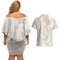 Suede Beige Hawaii Anthurium Plumeria Lei Couples Matching Off Shoulder Short Dress and Hawaiian Shirt