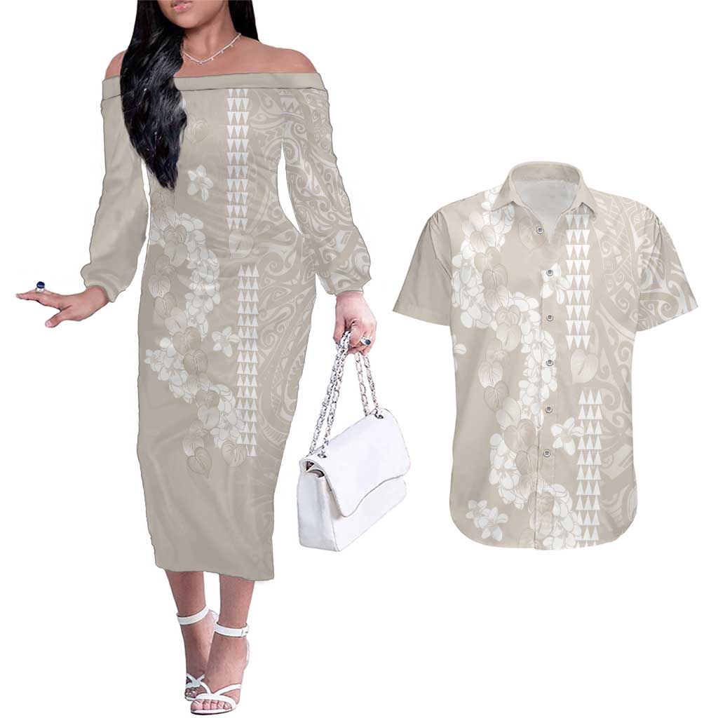 Suede Beige Hawaii Anthurium Plumeria Lei Couples Matching Off The Shoulder Long Sleeve Dress and Hawaiian Shirt LT9 Beige - Polynesian Pride