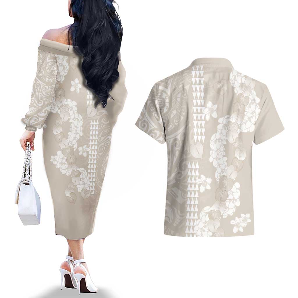Suede Beige Hawaii Anthurium Plumeria Lei Couples Matching Off The Shoulder Long Sleeve Dress and Hawaiian Shirt LT9 - Polynesian Pride