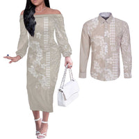 Suede Beige Hawaii Anthurium Plumeria Lei Couples Matching Off The Shoulder Long Sleeve Dress and Long Sleeve Button Shirt