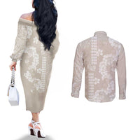 Suede Beige Hawaii Anthurium Plumeria Lei Couples Matching Off The Shoulder Long Sleeve Dress and Long Sleeve Button Shirt