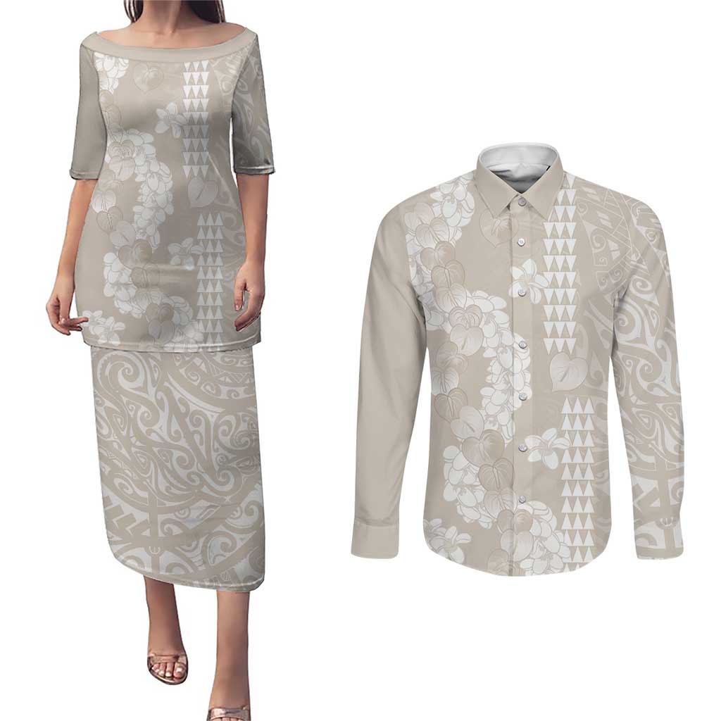 Suede Beige Hawaii Anthurium Plumeria Lei Couples Matching Puletasi and Long Sleeve Button Shirt
