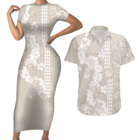 Suede Beige Hawaii Anthurium Plumeria Lei Couples Matching Short Sleeve Bodycon Dress and Hawaiian Shirt