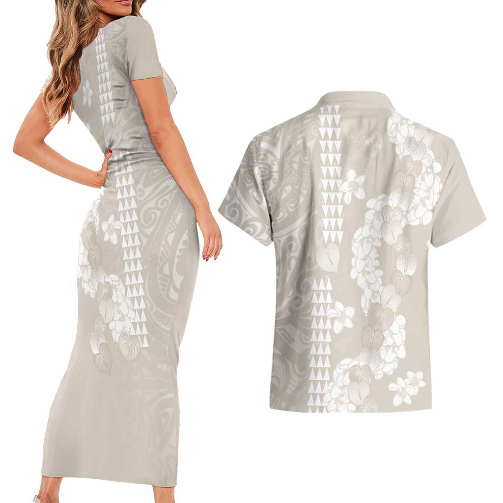 Suede Beige Hawaii Anthurium Plumeria Lei Couples Matching Short Sleeve Bodycon Dress and Hawaiian Shirt