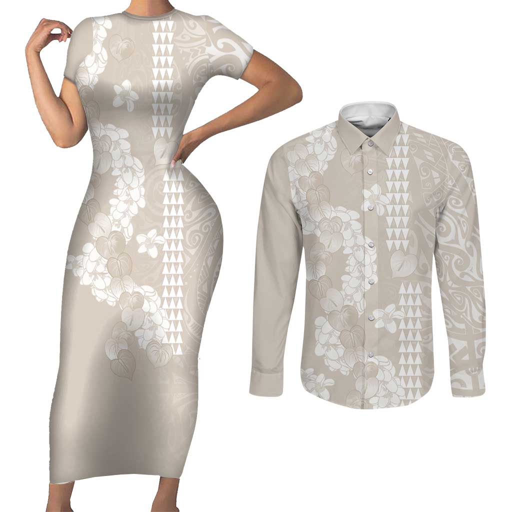 Suede Beige Hawaii Anthurium Plumeria Lei Couples Matching Short Sleeve Bodycon Dress and Long Sleeve Button Shirt LT9 Beige - Polynesian Pride