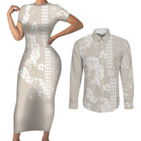 Suede Beige Hawaii Anthurium Plumeria Lei Couples Matching Short Sleeve Bodycon Dress and Long Sleeve Button Shirt LT9 Beige - Polynesian Pride
