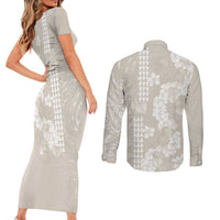 Suede Beige Hawaii Anthurium Plumeria Lei Couples Matching Short Sleeve Bodycon Dress and Long Sleeve Button Shirt LT9 - Polynesian Pride