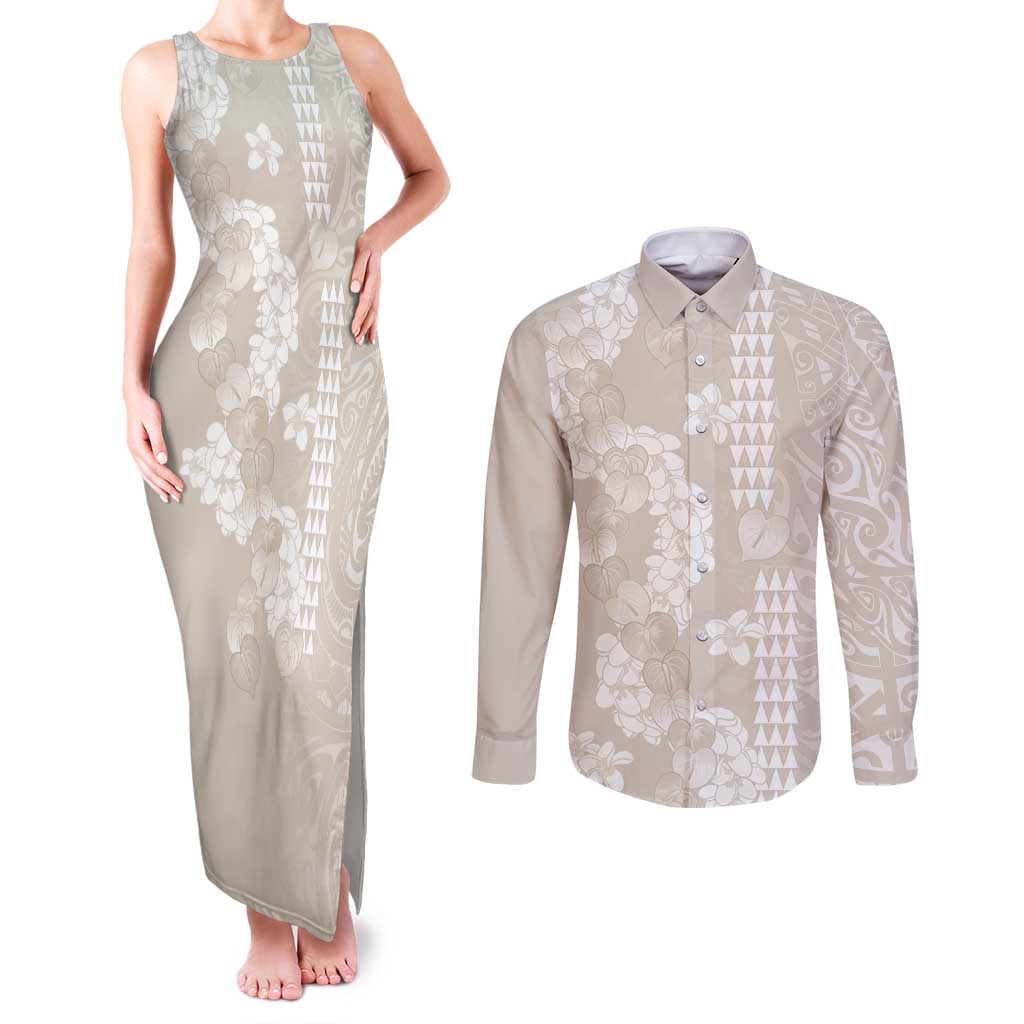 Suede Beige Hawaii Anthurium Plumeria Lei Couples Matching Tank Maxi Dress and Long Sleeve Button Shirt