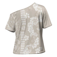 Suede Beige Hawaii Anthurium Plumeria Lei Cross Shoulder Shirt