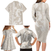 Suede Beige Hawaii Anthurium Plumeria Lei Family Matching Long Sleeve Bodycon Dress and Hawaiian Shirt