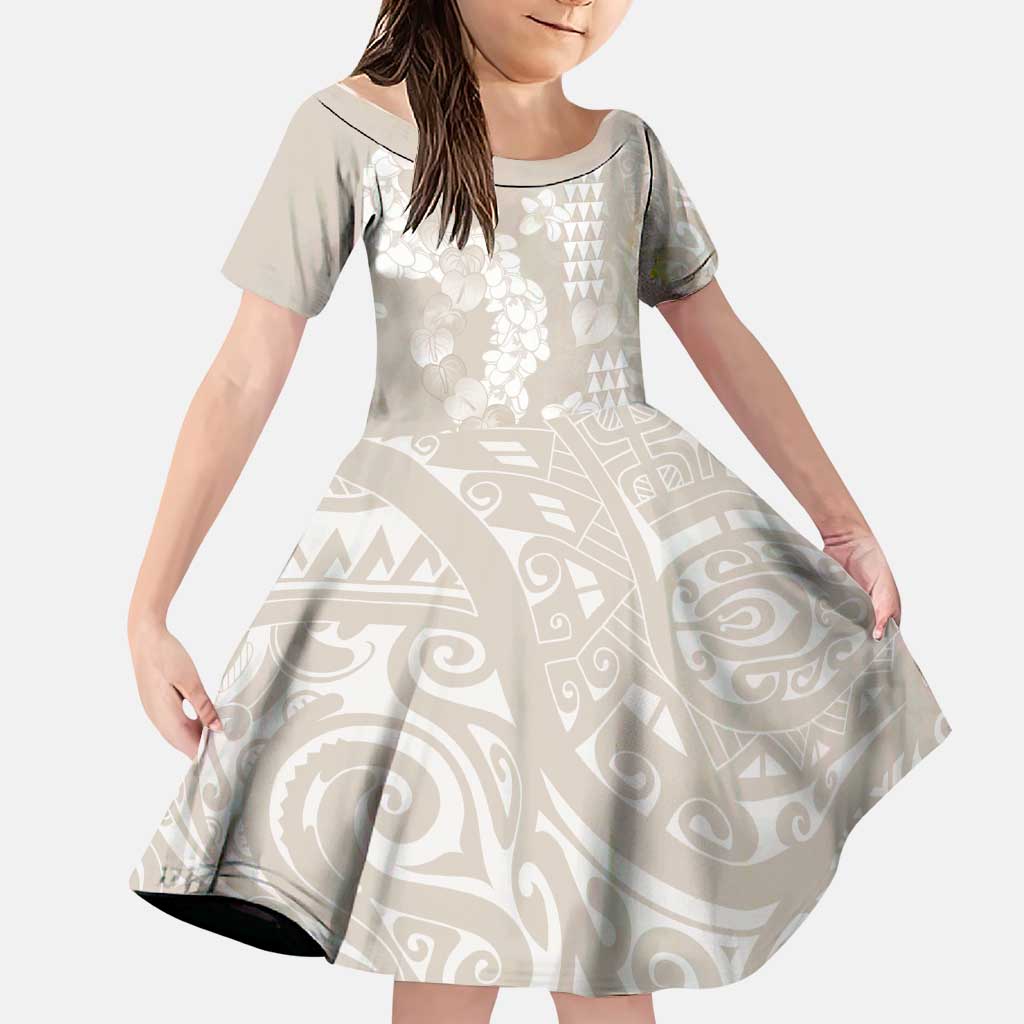 Suede Beige Hawaii Anthurium Plumeria Lei Family Matching Mermaid Dress and Hawaiian Shirt LT9 Daughter's Dress Beige - Polynesian Pride