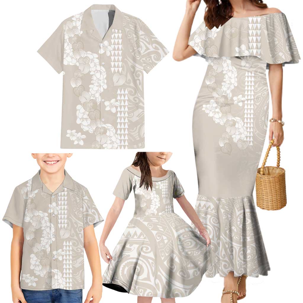 Suede Beige Hawaii Anthurium Plumeria Lei Family Matching Mermaid Dress and Hawaiian Shirt LT9 - Polynesian Pride