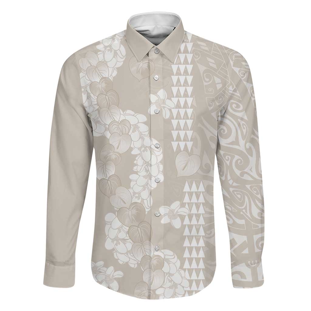 Suede Beige Hawaii Anthurium Plumeria Lei Family Matching Mermaid Dress and Hawaiian Shirt LT9 Dad's Shirt - Long Sleeve Beige - Polynesian Pride