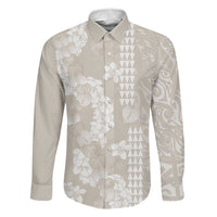 Suede Beige Hawaii Anthurium Plumeria Lei Family Matching Mermaid Dress and Hawaiian Shirt LT9 Dad's Shirt - Long Sleeve Beige - Polynesian Pride