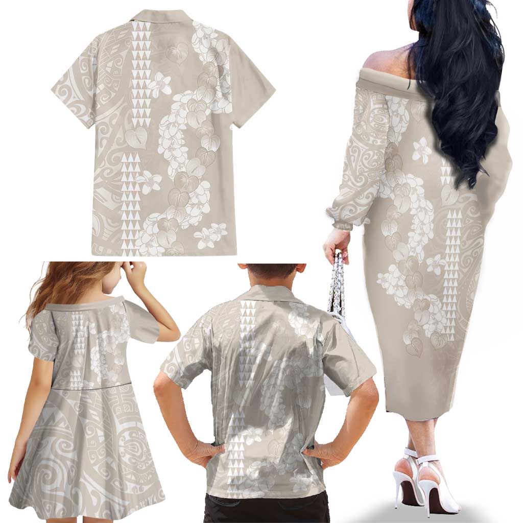 Suede Beige Hawaii Anthurium Plumeria Lei Family Matching Off The Shoulder Long Sleeve Dress and Hawaiian Shirt