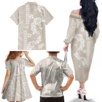 Suede Beige Hawaii Anthurium Plumeria Lei Family Matching Off The Shoulder Long Sleeve Dress and Hawaiian Shirt