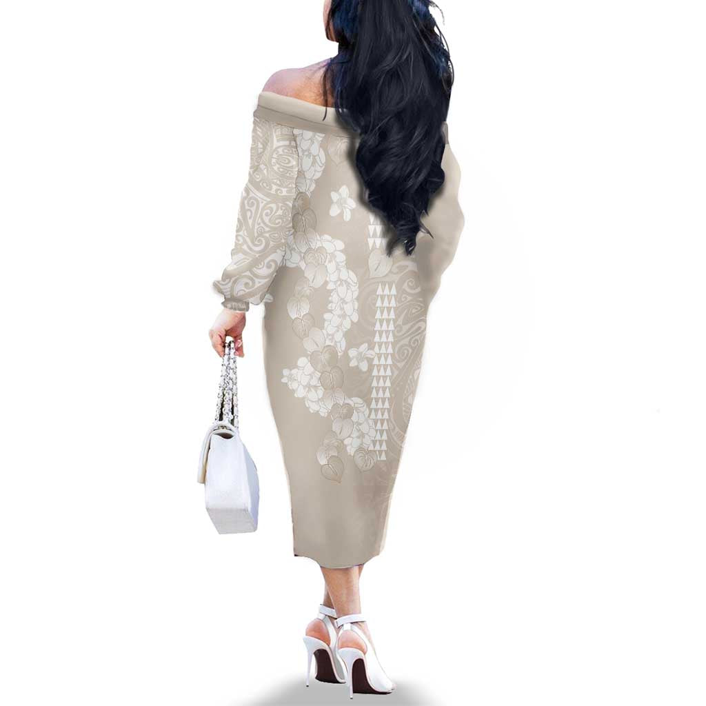 Suede Beige Hawaii Anthurium Plumeria Lei Family Matching Off The Shoulder Long Sleeve Dress and Hawaiian Shirt
