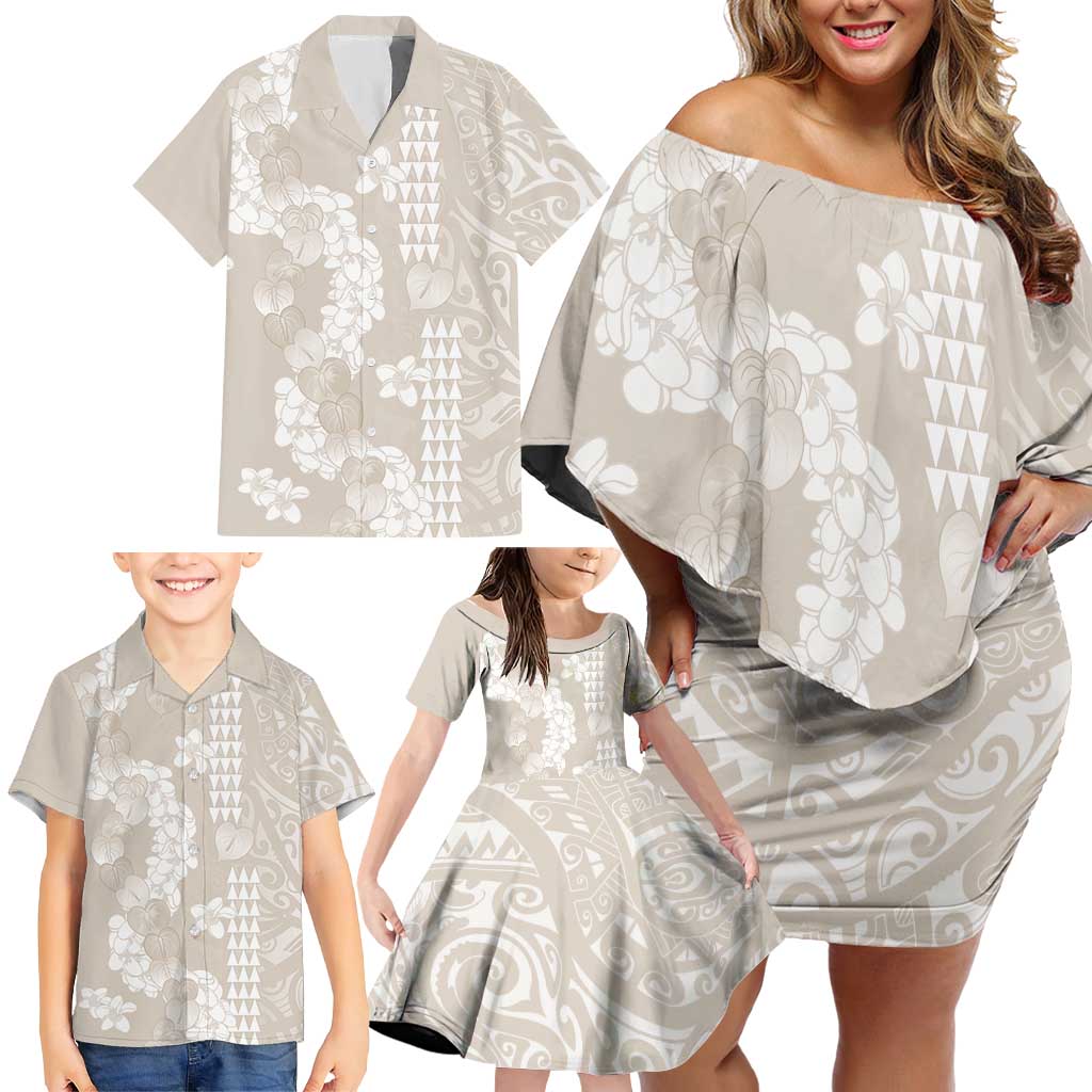 Suede Beige Hawaii Anthurium Plumeria Lei Family Matching Off Shoulder Short Dress and Hawaiian Shirt