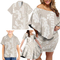 Suede Beige Hawaii Anthurium Plumeria Lei Family Matching Off Shoulder Short Dress and Hawaiian Shirt