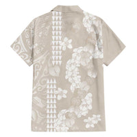 Suede Beige Hawaii Anthurium Plumeria Lei Family Matching Off Shoulder Short Dress and Hawaiian Shirt