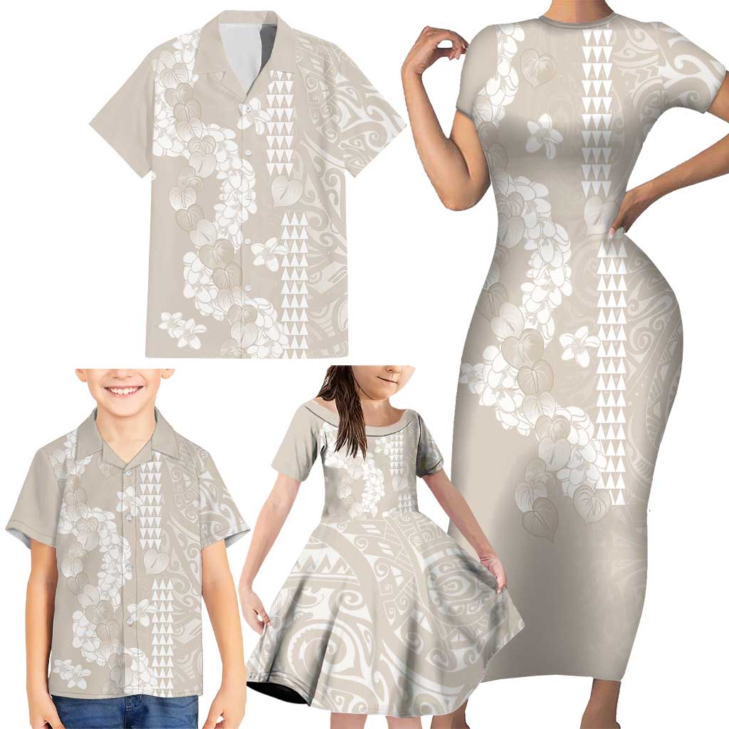Suede Beige Hawaii Anthurium Plumeria Lei Family Matching Short Sleeve Bodycon Dress and Hawaiian Shirt