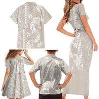 Suede Beige Hawaii Anthurium Plumeria Lei Family Matching Short Sleeve Bodycon Dress and Hawaiian Shirt