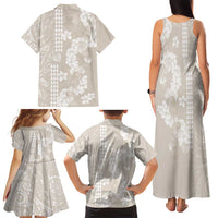 Suede Beige Hawaii Anthurium Plumeria Lei Family Matching Tank Maxi Dress and Hawaiian Shirt