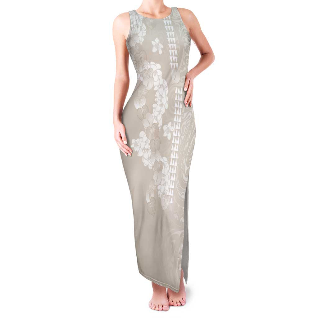 Suede Beige Hawaii Anthurium Plumeria Lei Family Matching Tank Maxi Dress and Hawaiian Shirt